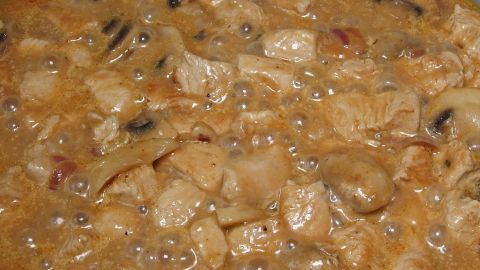 Zwiebel-Sahne-Geschnetzeltes in Senfsauce mit Champignons