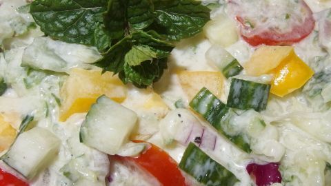 Die Dressings werden dadurch sehr cremig und Essig und Öl und alles andere verbinden sich sehr gut...einfach mal ausprobieren. Bunte Salatstücke aus Gurken, Tomaten und Mangos sind in einer cremigen Soße gemischt und mit einem Minzblatt garniert.