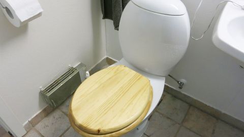 Erfolgreiches Reinigen des Toilettenabflusses mit einem Gemisch aus Salz, Essig und Allzweckreiniger. Auch Gerüche werden durch den Allzweckreiniger gebunden. Ein WC mit einem Holzdeckel steht in einem Badezimmer. Es ist sauber und ordentlich, mit Handtuch und Toilettenpapier in der Nähe.