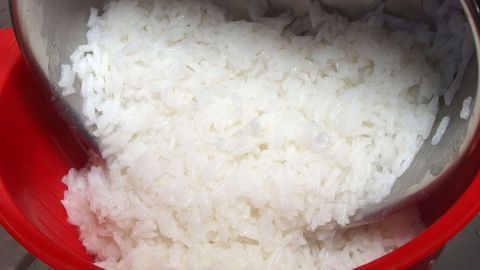 Gegen Durchfall: Reis kochen, Reiswasser auffangen, warm oder abgekühlt trinken. Gekochter Reis liegt in einem roten Sieb, während Reiswasser abtropft, bereit zur Verwendung gegen Durchfall.