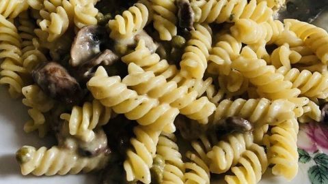 Ein Nudelsalat mit spiraligen Nudeln, Pilzen und einer cremigen Sauce, serviert auf einem weißen Teller vor einem Holzuntergrund.