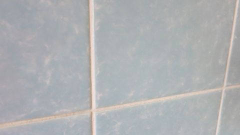 Verkalkte Badfliesen sind zu sehen, die mit einer Mischung aus Buttermilch, Essig und Salz gereinigt werden sollen.