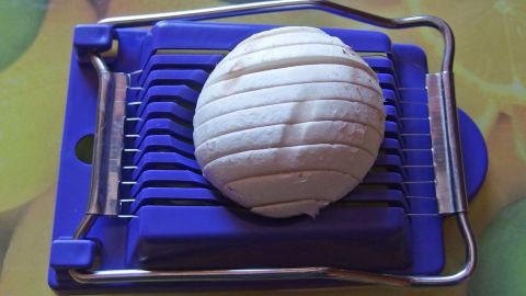 Champignons mit dem Eierschneider in wunderbar gleichmäßige Scheiben schneiden. Ein Eierschneider liegt auf einer bunten Unterlage und schneidet gleichmäßig Scheiben aus einem Champignon.