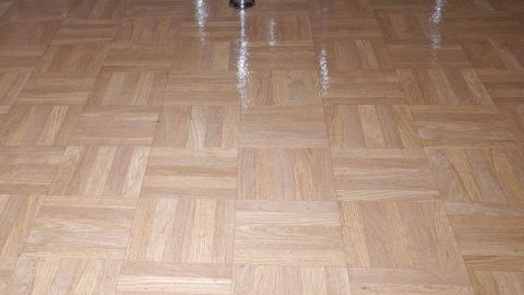 Sauberer Laminatboden glänzt streifenfrei, reflektiert Licht in einem Wohnraum mit einer einfachen, hellen Holzoptik.