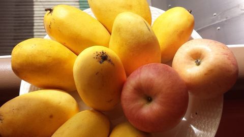 Eine Gruppe reifer, gelber Mangos liegt zusammen mit einem roten Apfel auf einem weißen Teller, bereit zum Verzehr.
