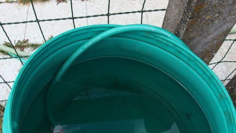 Ein grüner Eimer steht voller Wasser auf einem Grundstück und läuft über, während ein Zaun im Hintergrund sichtbar ist.