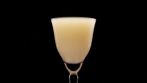 Ein elegantes Glas mit einem milchigen Getränk steht vor einem schwarzen Hintergrund, das Licht reflektiert sanft darauf.