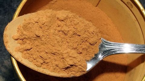 Zimt liegt auf einem Edelstahlbärenlöffel, bereit, gegen Ameisen im Haus eingesetzt zu werden.