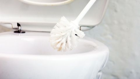 Eine Toilettenbürste reinigt die weiße Toilette in einem hellen Badezimmer. Der Fokus liegt auf der Reinigung.