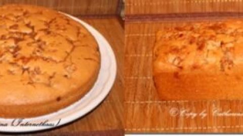 Runder und rechteckiger Apfel-Zimt-Kuchen auf Holztisch. Beide Kuchen zeigen goldene Oberflächen mit Zimtstücken. Text: ©Catherine Vlahometikou.