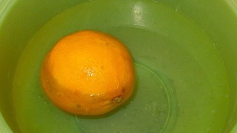 Eine orangefarbene Orange schwimmt in einem grünen Schüssel mit Wasser, um sie nach dem Erfrieren wieder essbar zu machen.