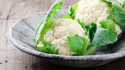 Frischer Blumenkohl, bereit zum Kochen! Im Artikel erfährst du, wie du ihn perfekt zubereitest: Einfach die Blätter entfernen, waschen und 15-20 Minuten in Salzwasser garen. So wird er schön zart und aromatisch. Blumenkohl ruht in einer grauen Schale auf einem Holztisch, umgeben von frischen grünen Blättern und Wassertropfen.