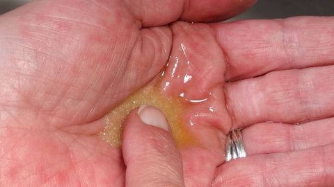 Eine Hand hält ein Massagepeeling aus Salz und Olivenöl, das sanft zwischen den Fingern verteilt wird.