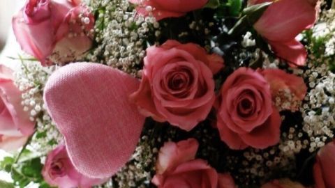 Ein Strauß frischer Rosen steht im Vordergrund und wird von zarten Blättern umrahmt, ideal für eine Präsentation.