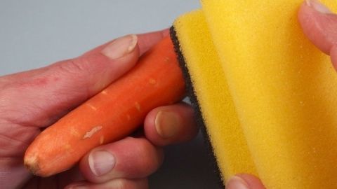 Eine Hand hält eine Möhre, während sie mit einem gelben Schwamm geputzt wird, auf einer neutralen Oberfläche.