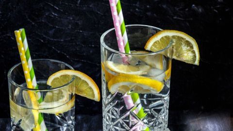 Zwei Gläser mit kalorienfreier Zitronenlimo stehen auf einem Tisch, dekoriert mit Zitronenstücken und Strohhalmen.
