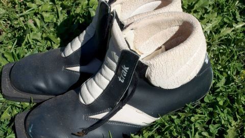 Schnee- und Salzränder an Schuhen lassen sich meist recht schwer entfernen. Mit Kondensmilch und einem weichen Tuch gelingt es sehr gut. Schwarze Schuhe mit weißen Einsätzen liegen auf grüner Wiese, ideal gegen Schnee- und Salzränder.