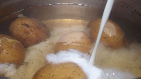Kartoffeln liegen in einem Topf mit kochendem Wasser, während Milch hineingegossen wird, um ein Gericht zuzubereiten.