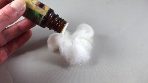 Ein Fläschchen mit Duftöl wird über einer Wattebällchen gehalten, um den Duft für die Toilette zu verteilen.