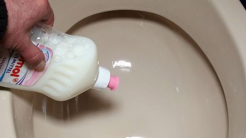 Eine Hand gießt Reinigungsmittel in eine saubere Toilette, um eine hygienische Umgebung nach dem Urlaub zu gewährleisten.