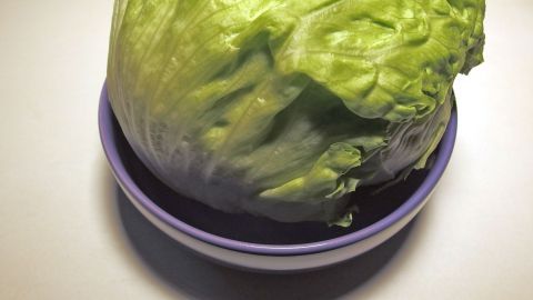 Ein Eisberg-Salatkopf kann man mithilfe einer Schüssel mit etwas Wasser sehr lange frisch halten Ein frischer Eisbergsalat liegt auf einem Teller und wirkt appetitlich in einer hellen Küchenszene.