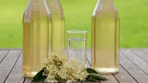 Zwei Flaschen mit Holunderblütensirup stehen auf einem Holztisch, umgeben von frischen Holunderblüten und einem Glas.