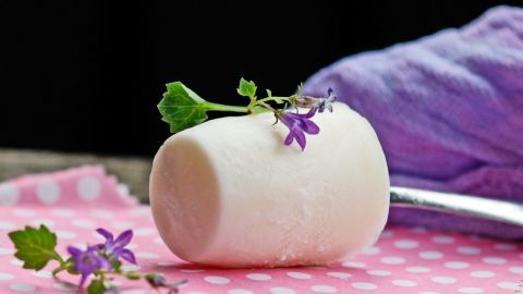 Ein Fruchtzwerge-Eis ist auf einer pinken, gepunkteten Unterlage platziert und wird von frischen Blumen und Blättchen umgeben.