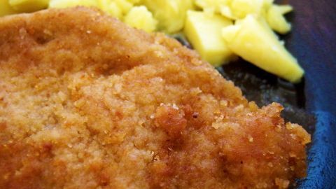 Ein knuspriges Schnitzel liegt auf einem Teller, umgeben von frisch geschnittenem Apfelstücken.