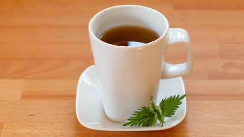 Brennnesseltee aus getrocknetem Brennnesselkraut senkt den Blutzuckerspiegel, außerdem dient er auch zur Milchbildung von stillenden Müttern. Eine weiße Tasse mit Brennnesseltee steht auf einem Unterteller, umgeben von einem Holzuntergrund.