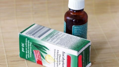 Ein braunes Fläschen Eukalyptusöl steht neben einer grünen Verpackung auf einem hellen Tisch, bereit zur Verwendung als Schleimlöser.
