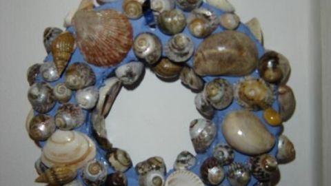 Ein Muschelkranz hängt an einer blauen Schleife an einer Wand, bestückt mit verschiedenen Muschelschalen in diversen Farben.