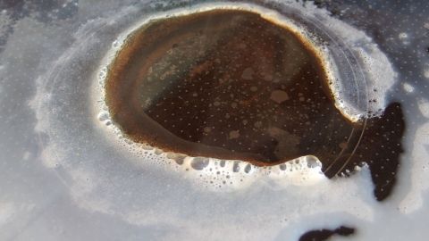 Milch ist schnell mal übergekocht: So stinkt die angebrannte Milch nicht und lässt sich später auch leichter entfernen. Kochende Milch bildet eine dunkle Blase in der Mitte, während sich an den Rändern schaumige Überreste absetzen.