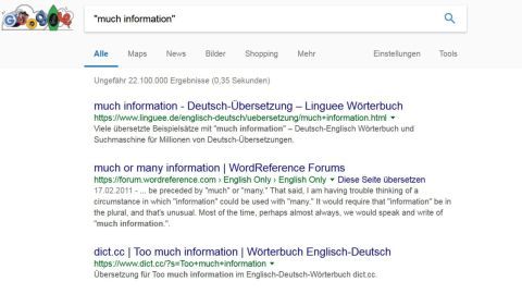 Suchanfragen zeigen Ergebnisse für "korrekte Schreibweise" und "Sätze googlen" in einer Suchmaschine.