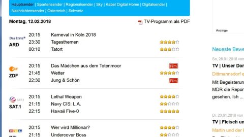 Eine Übersicht zeigt verschiedene Fernsehsendungen und deren Zeiten. Die Programme sind für den 12. März 2018 aufgelistet.