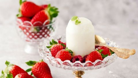 Ein Dessert mit Joghurteis steht auf einem eleganten Glasgefäß, umgeben von frischen Erdbeeren und Himbeeren.