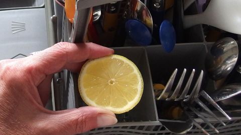 Eine Hand hält eine Zitrone, während sie in einem Geschirrspüler mit Besteck und Geschirr platziert wird.