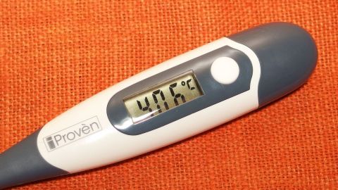 Ein Thermometer zeigt 40,6 °C. Es liegt auf einem orangefarbenen Untergrund und signalisiert Fieber bei Babys und Kleinkindern.