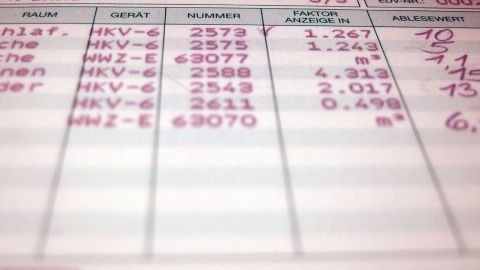 Tabelle zeigt Geräte- und Raumdaten für Heizkosten mit Faktoren. Spalten für Raum, Gerät, Nummer, Anzeige, Ablesewert.