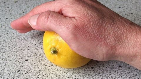 Zitrusfrüchte werden ergiebiger, wenn man sie vor dem Aufschneiden, mit leichtem Druck rollt. Eine Hand drückt eine gelbe Zitrone auf einem hellen, strukturierten Tisch, um den Saft zu optimieren.