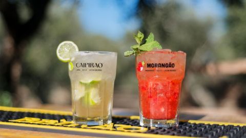 Zwei bunte Cocktails stehen auf einer Bar: ein klarer Caipirinha mit Limette und ein roter Erdbeer-Caipirinha mit Minze.