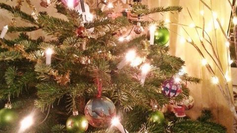 Der geschmückte Tannenbaum leuchtet festlich im Raum, umgeben von warmem Licht und dekorativen Elementen für Weihnachten.