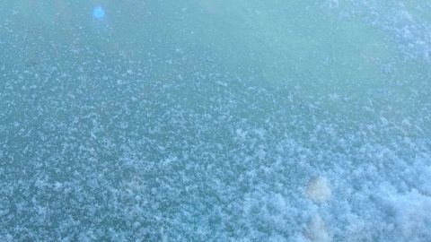 Eisflächen bedecken das Auto, während Wasser und Kälte im Stau auf das Scheibenentfrosten warten.