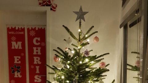 Ein geschmückter Weihnachtsbaum steht im Zimmer, umgeben von Geschenken und festlichen Dekorationen.