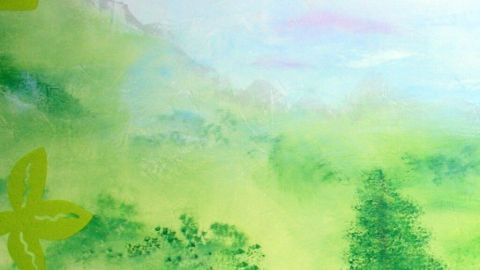 Ein farbenfrohes Wandtattoo zeigt eine malerische Landschaft mit Bäumen und einem Weg, umgeben von sanften grünen Hügeln.