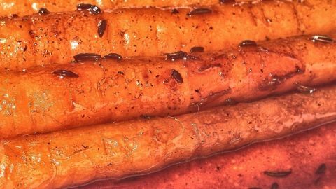 Karamellisierte Karotten liegen warm auf einem Teller, glänzend und appetitlich, ideal für ein Gemüsegericht.