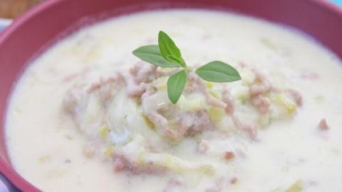 Eine cremige Lauchsuppe mit Hackfleisch und einer Grünpflanze auf der Oberfläche in einer roten Schüssel, umgeben von hellem Hintergrund.