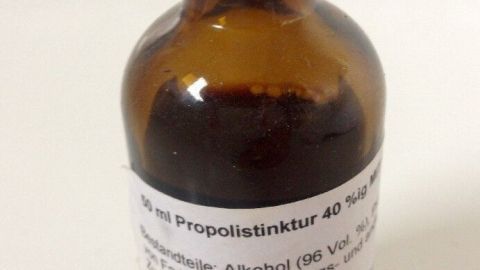 Braune Flasche mit Propolis-Tinktur steht auf einem neutralen Hintergrund; Beschriftung informiert über Inhaltsstoffe und Anwendungen.