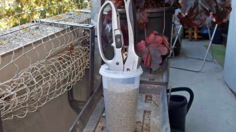 Ein leerer Plastikbecher steht auf einer Gartenoberfläche und hält eine Schaufel zur Pflanzenpflege im Freien.