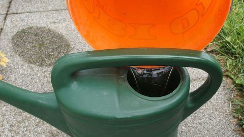 Ein grüner Bewässerungskanne steht auf dem Boden, während ein orangefarbener Behälter Regenwasser auffängt.