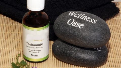 Ein Fläschchen Teebaumöl steht neben zwei Steinen mit der Beschriftung „Wellness Oase“ auf einem Bambusuntergrund.